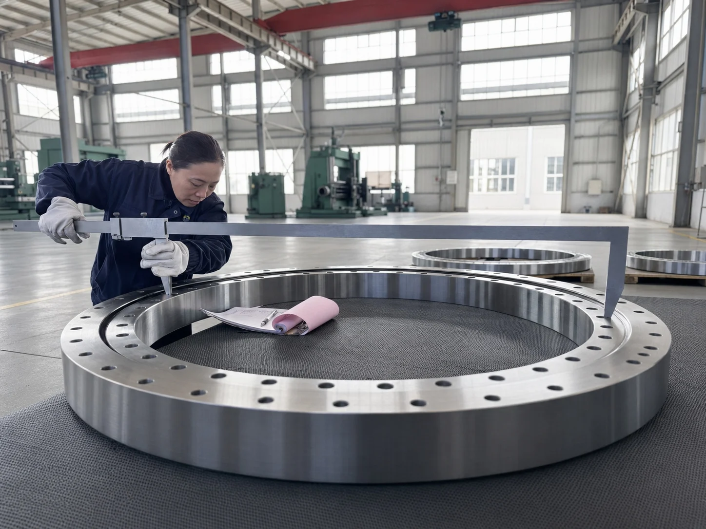 Dimensional inspection of a slewing bearing ring using a large measuring tool.
