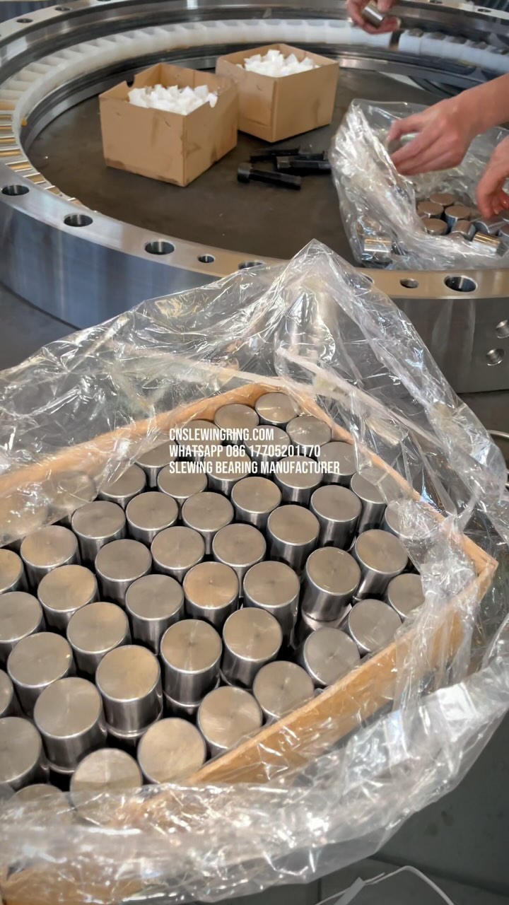 Three rows of roller slewing bearings. This is the first layer of rollers and spacers being installed.