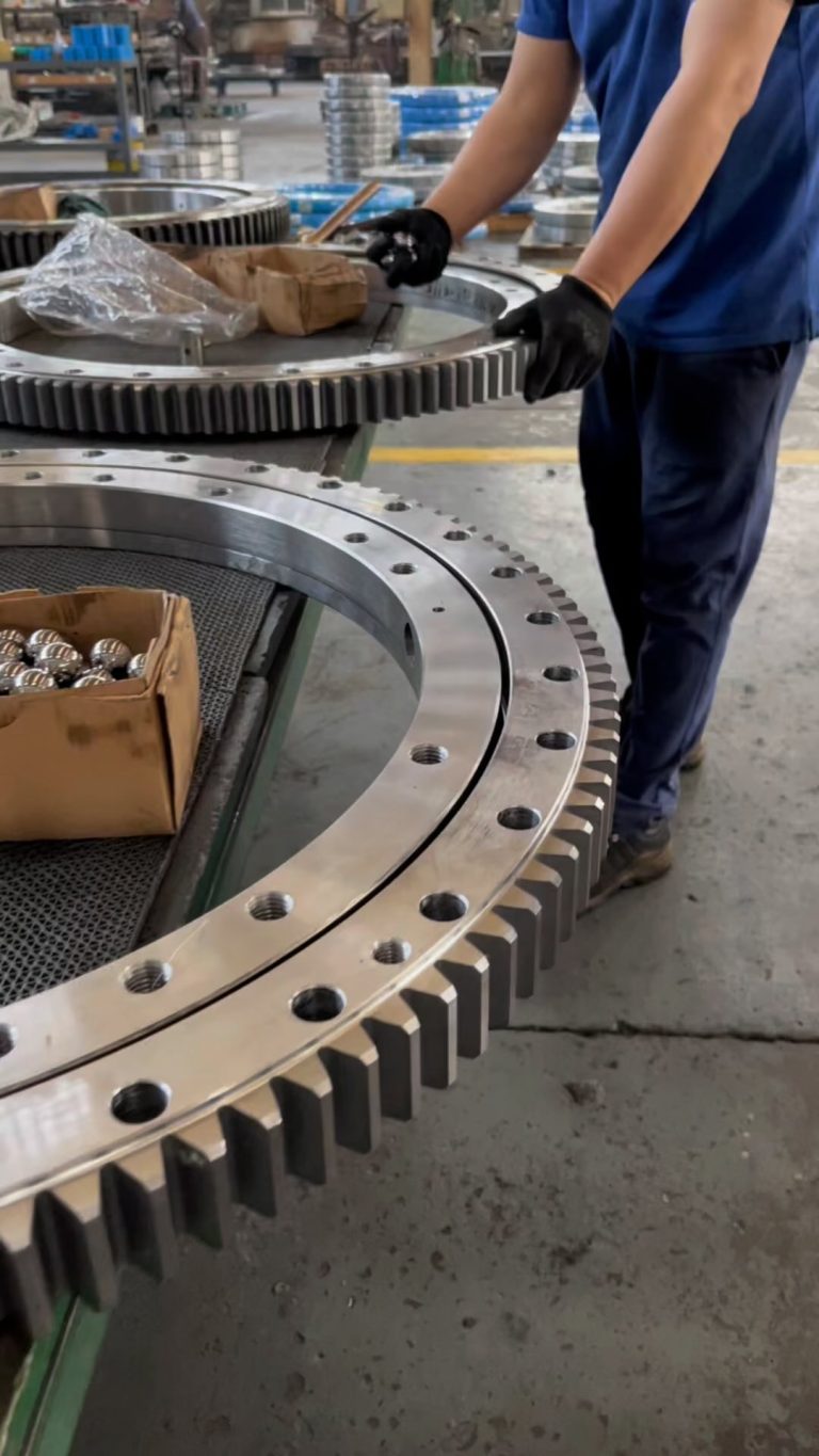 Quickly place the steel ball into the slewing bearing raceway, and then perform a clearance test to confirm…