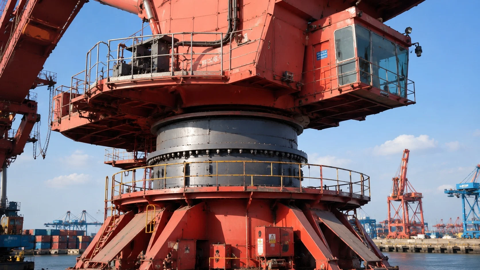 Port machinery customer verifying slewing bearing production at MERYDOM