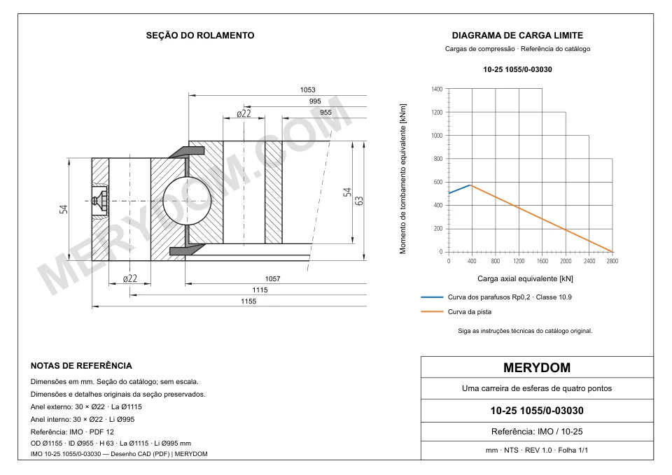 Desenho CAD do rolamento de giro de substituição MERYDOM para IMO 10-25 1055/0-03030, com dimensões e furos de montagem.