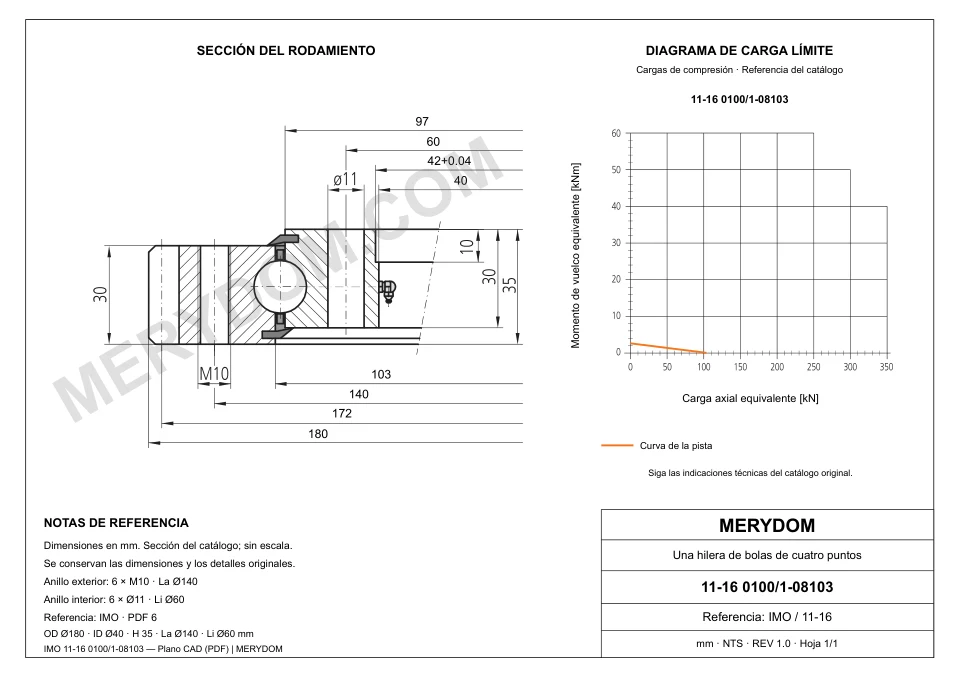 Plano CAD de la corona de giro de sustitución MERYDOM para IMO 11-16 0100/1-08103, con dimensiones y orificios de montaje.