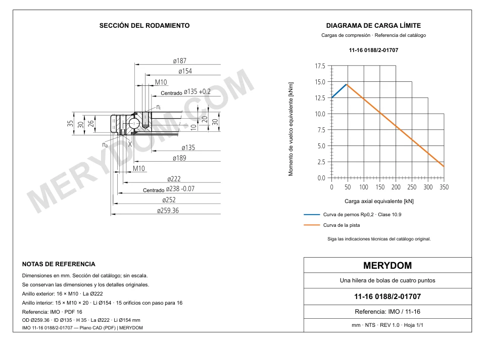 Plano CAD de la corona de giro de sustitución MERYDOM para IMO 11-16 0188/2-01707, con dimensiones y orificios de montaje.