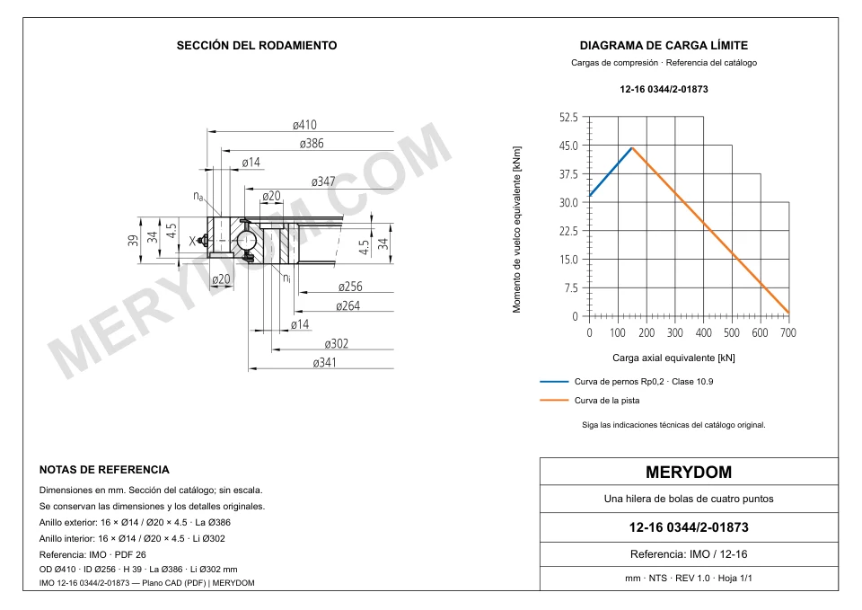 Plano CAD de la corona de giro de sustitución MERYDOM para IMO 12-16 0344/2-01873, con dimensiones y orificios de montaje.