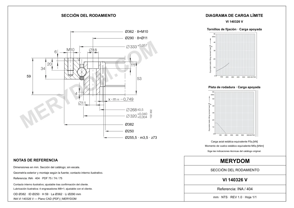 Plano CAD de la corona de giro de sustitución MERYDOM para INA VI 140326 V, con dimensiones y orificios de montaje.