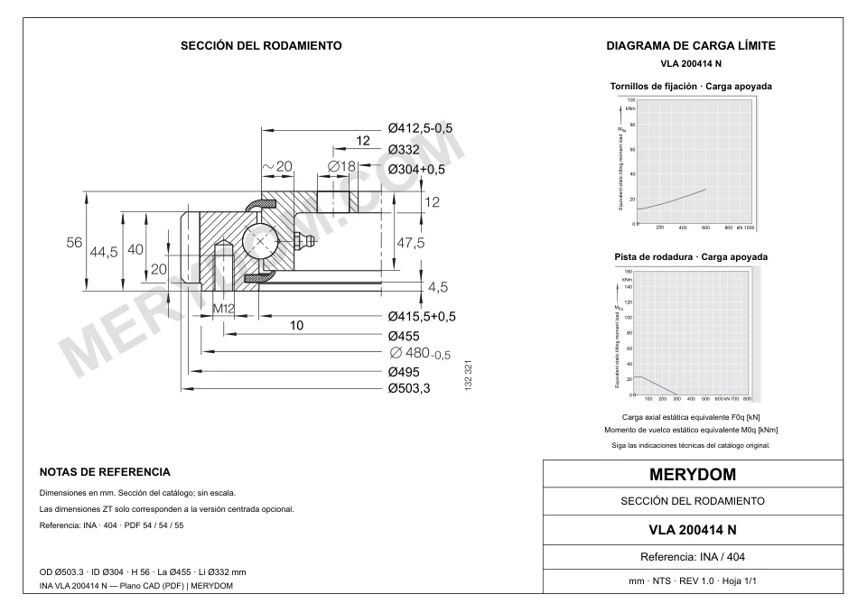 Plano CAD de la corona de giro de sustitución MERYDOM para INA VLA 200414 N, con dimensiones y orificios de montaje.