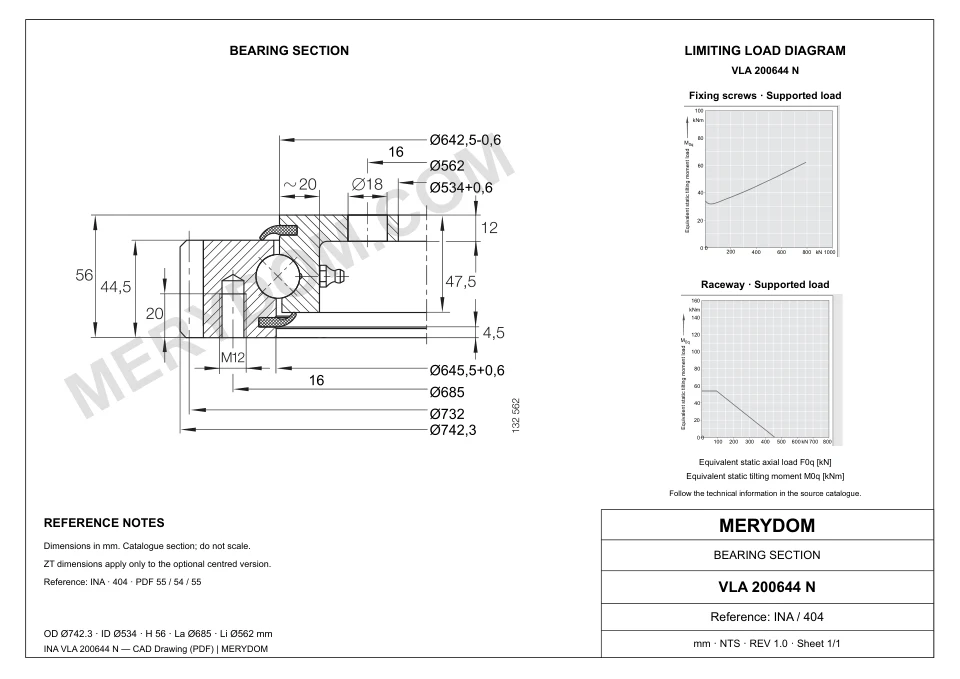 CAD drawing of the MERYDOM replacement slewing bearing for INA VLA 200644 N, showing dimensions and mounting holes.