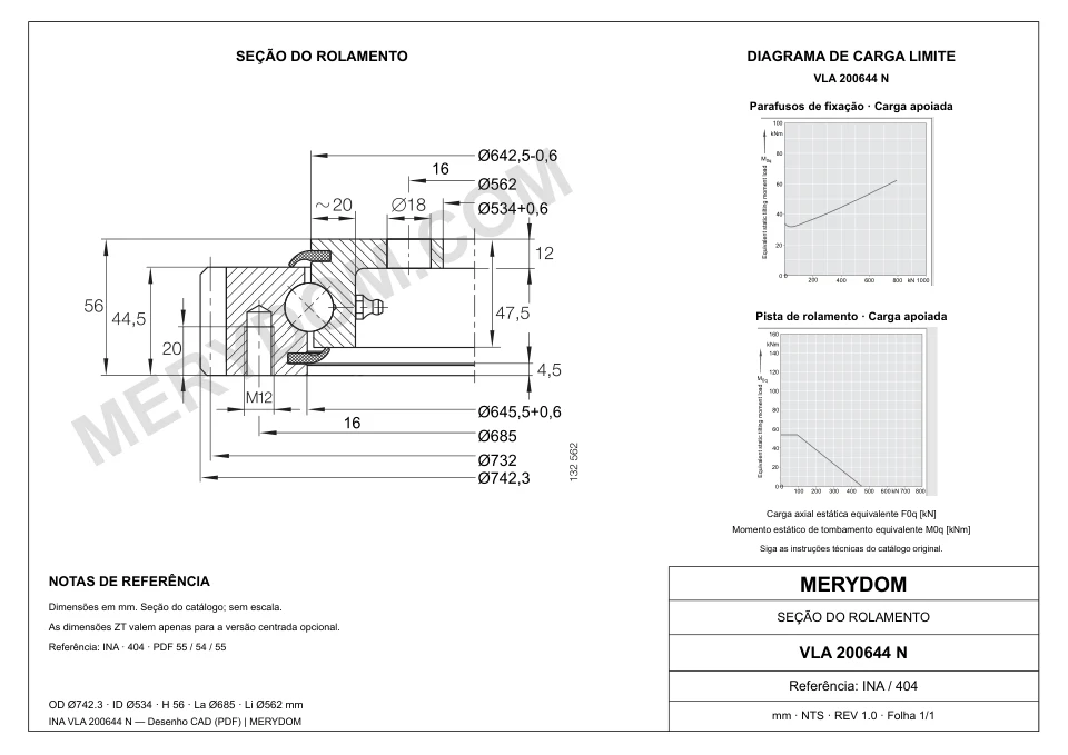Desenho CAD do rolamento de giro de substituição MERYDOM para INA VLA 200644 N, com dimensões e furos de montagem.