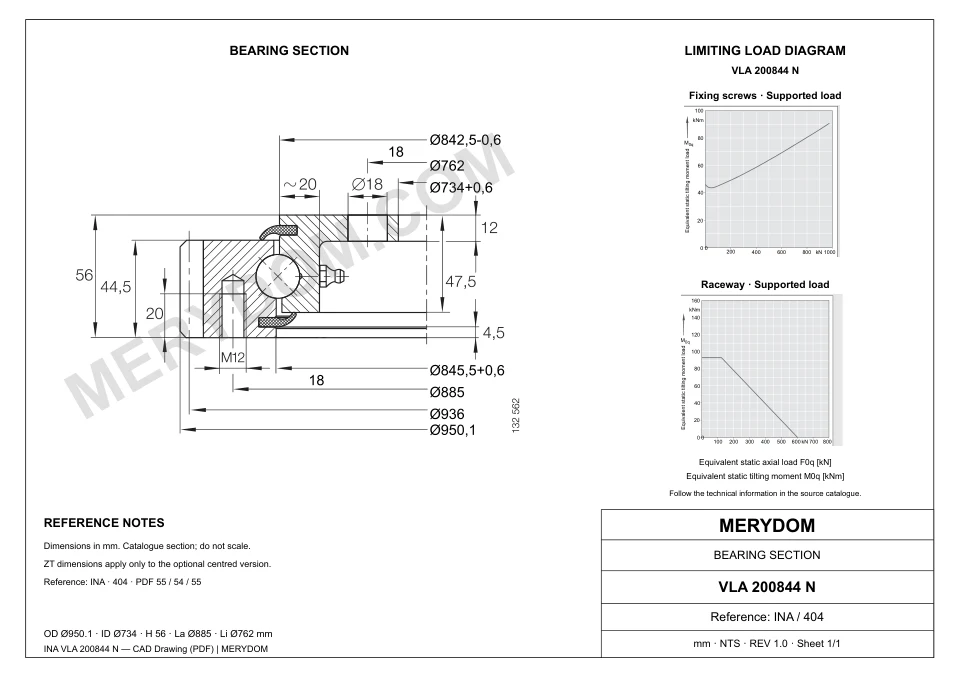 CAD drawing of the MERYDOM replacement slewing bearing for INA VLA 200844 N, showing dimensions and mounting holes.