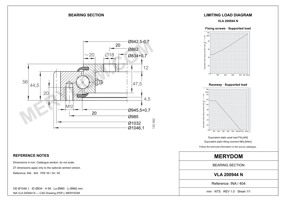 CAD drawing of the MERYDOM replacement slewing bearing for INA VLA 200944 N, showing dimensions and mounting holes.