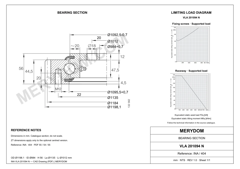 CAD drawing of the MERYDOM replacement slewing bearing for INA VLA 201094 N, showing dimensions and mounting holes.
