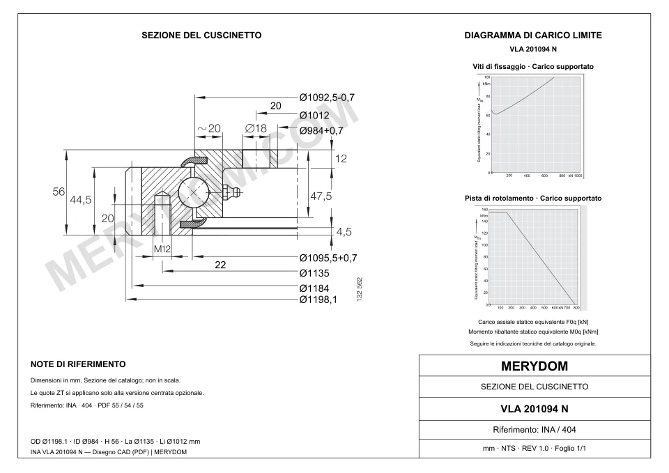 Disegno CAD del cuscinetto di rotazione sostitutivo MERYDOM per INA VLA 201094 N, con dimensioni e fori di montaggio.