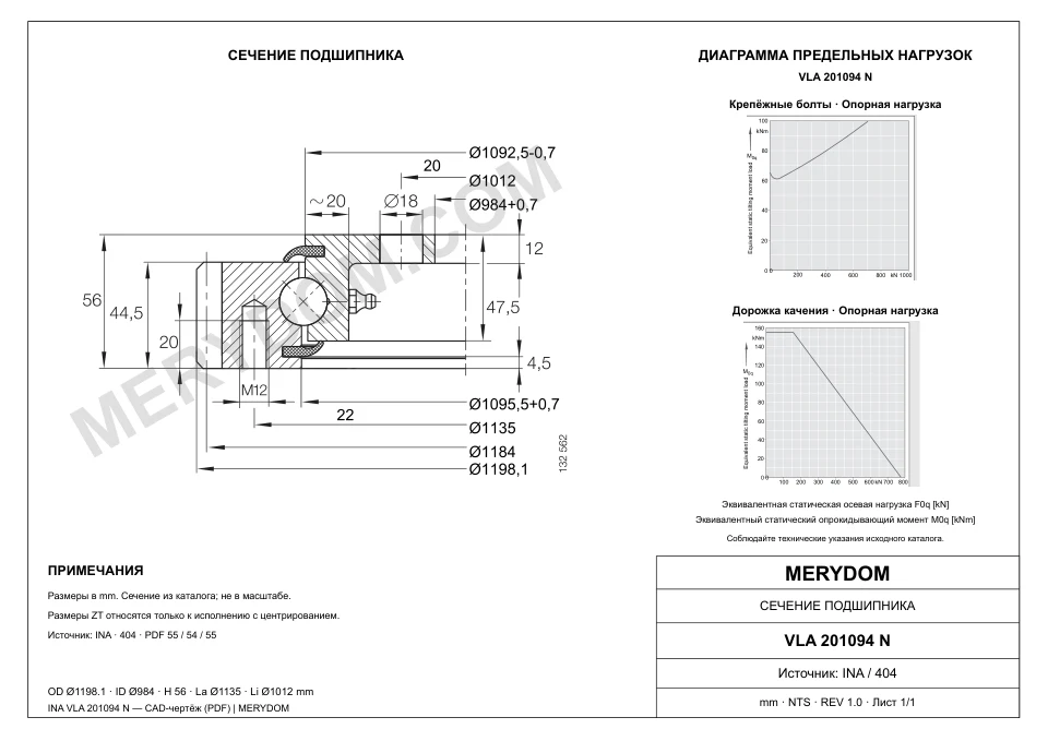 CAD-чертёж опорно-поворотного устройства MERYDOM для замены INA VLA 201094 N с размерами и монтажными отверстиями.