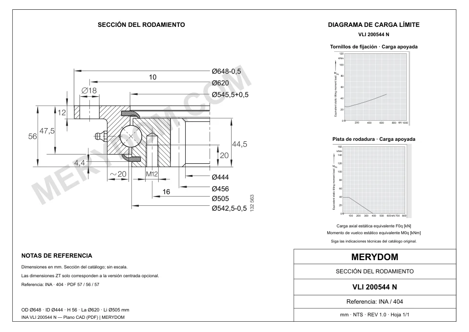 Plano CAD de la corona de giro de sustitución MERYDOM para INA VLI 200544 N, con dimensiones y orificios de montaje.
