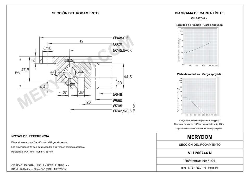 Plano CAD de la corona de giro de sustitución MERYDOM para INA VLI 200744 N, con dimensiones y orificios de montaje.