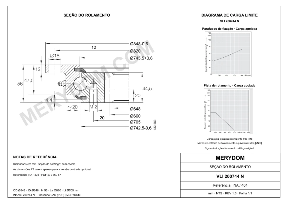 Desenho CAD do rolamento de giro de substituição MERYDOM para INA VLI 200744 N, com dimensões e furos de montagem.