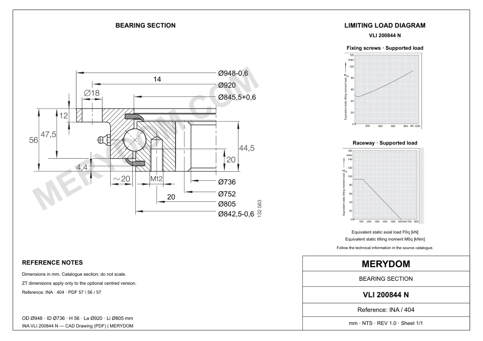 CAD drawing of the MERYDOM replacement slewing bearing for INA VLI 200844 N, showing dimensions and mounting holes.
