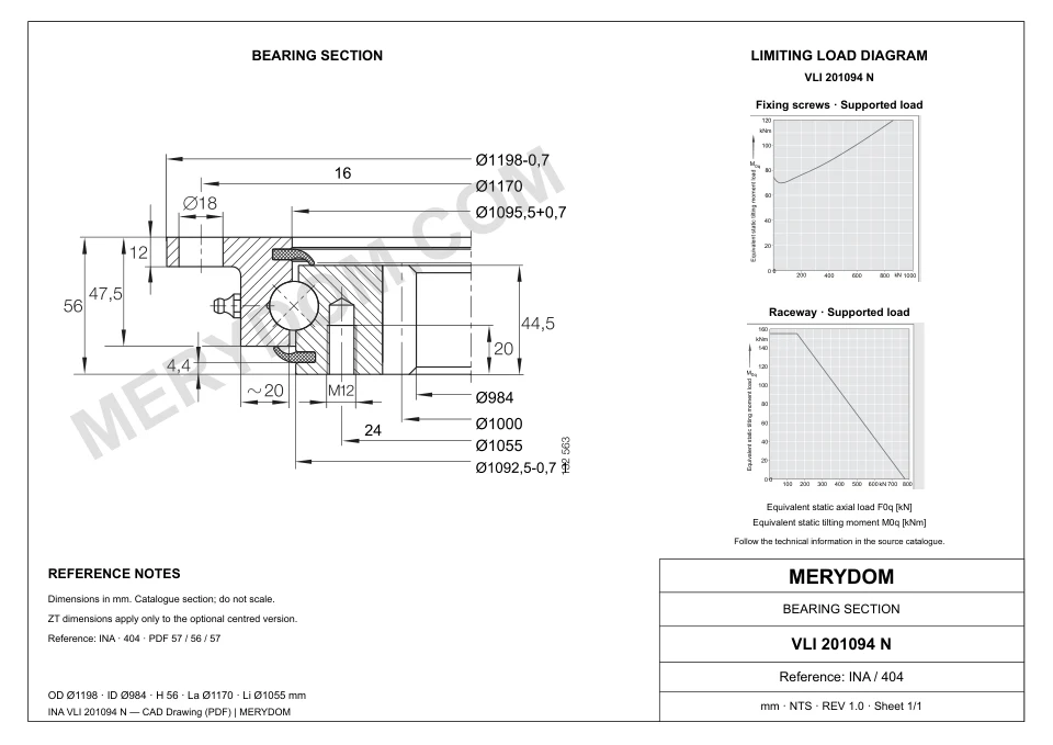 CAD drawing of the MERYDOM replacement slewing bearing for INA VLI 201094 N, showing dimensions and mounting holes.