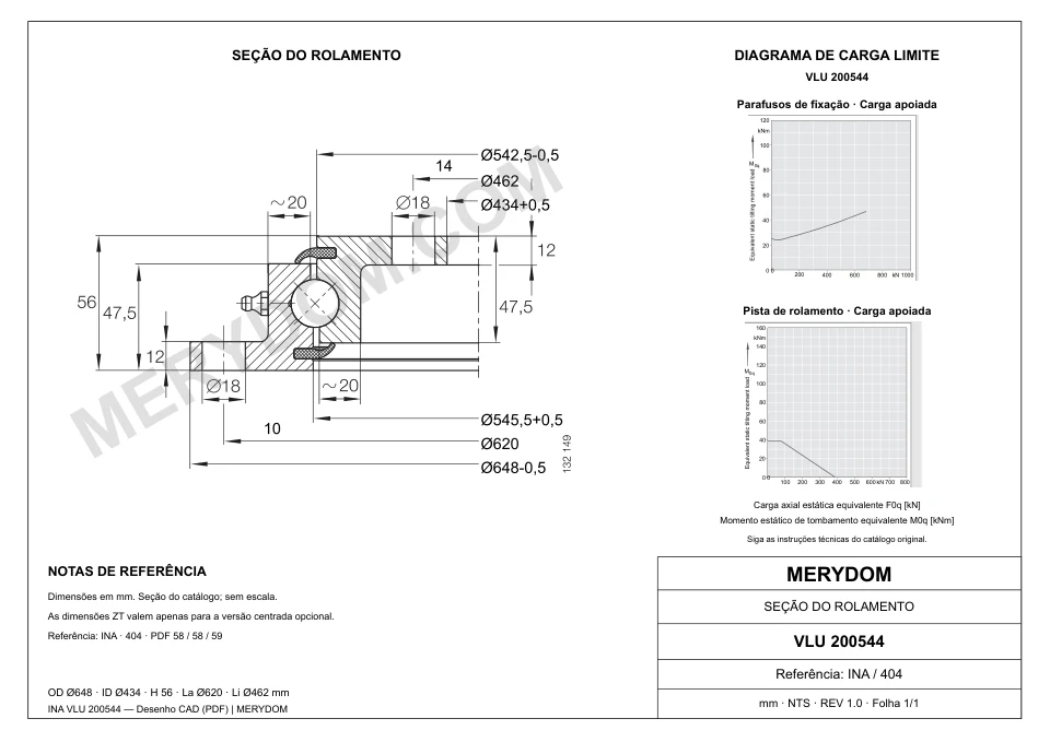 Desenho CAD do rolamento de giro de substituição MERYDOM para INA VLU 200544, com dimensões e furos de montagem.