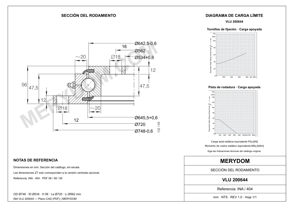 Plano CAD de la corona de giro de sustitución MERYDOM para INA VLU 200644, con dimensiones y orificios de montaje.
