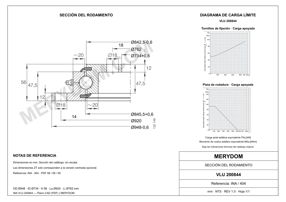 Plano CAD de la corona de giro de sustitución MERYDOM para INA VLU 200844, con dimensiones y orificios de montaje.