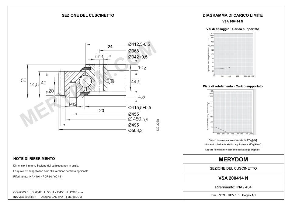 Disegno CAD del cuscinetto di rotazione sostitutivo MERYDOM per INA VSA 200414 N, con dimensioni e fori di montaggio.