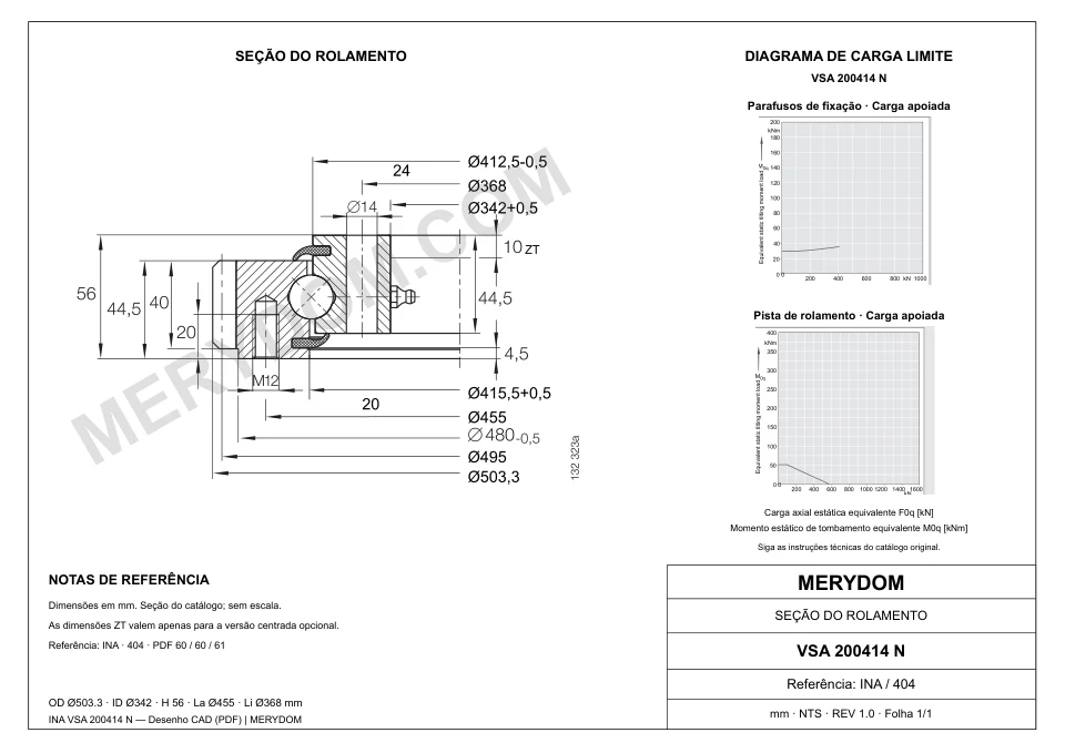 Desenho CAD do rolamento de giro de substituição MERYDOM para INA VSA 200414 N, com dimensões e furos de montagem.