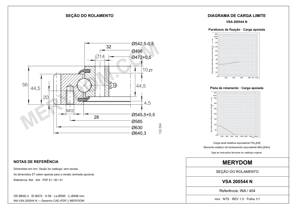 Desenho CAD do rolamento de giro de substituição MERYDOM para INA VSA 200544 N, com dimensões e furos de montagem.