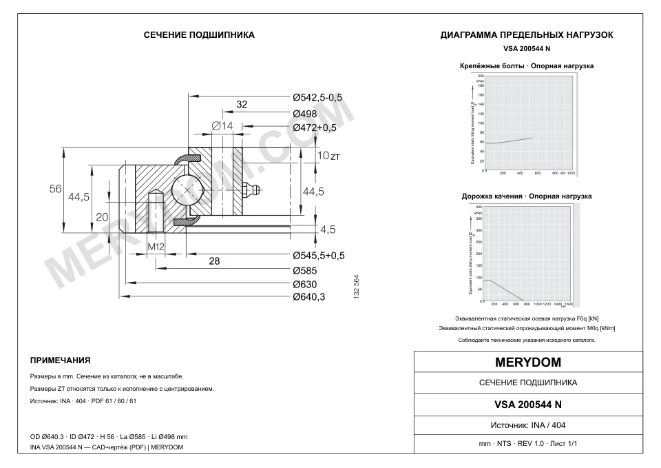 CAD-чертёж опорно-поворотного устройства MERYDOM для замены INA VSA 200544 N с размерами и монтажными отверстиями.