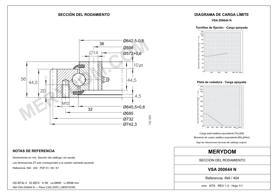 Plano CAD de la corona de giro de sustitución MERYDOM para INA VSA 200644 N, con dimensiones y orificios de montaje.