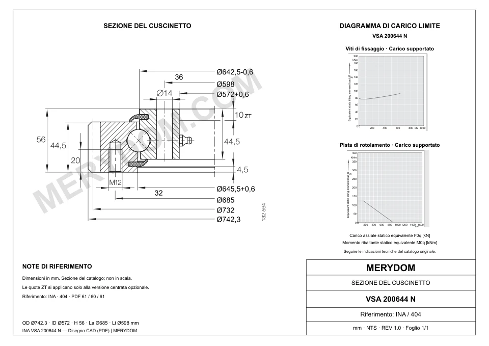 Disegno CAD del cuscinetto di rotazione sostitutivo MERYDOM per INA VSA 200644 N, con dimensioni e fori di montaggio.