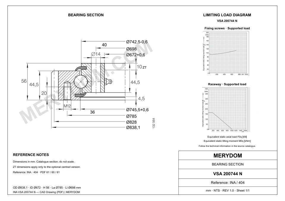 CAD drawing of the MERYDOM replacement slewing bearing for INA VSA 200744 N, showing dimensions and mounting holes.