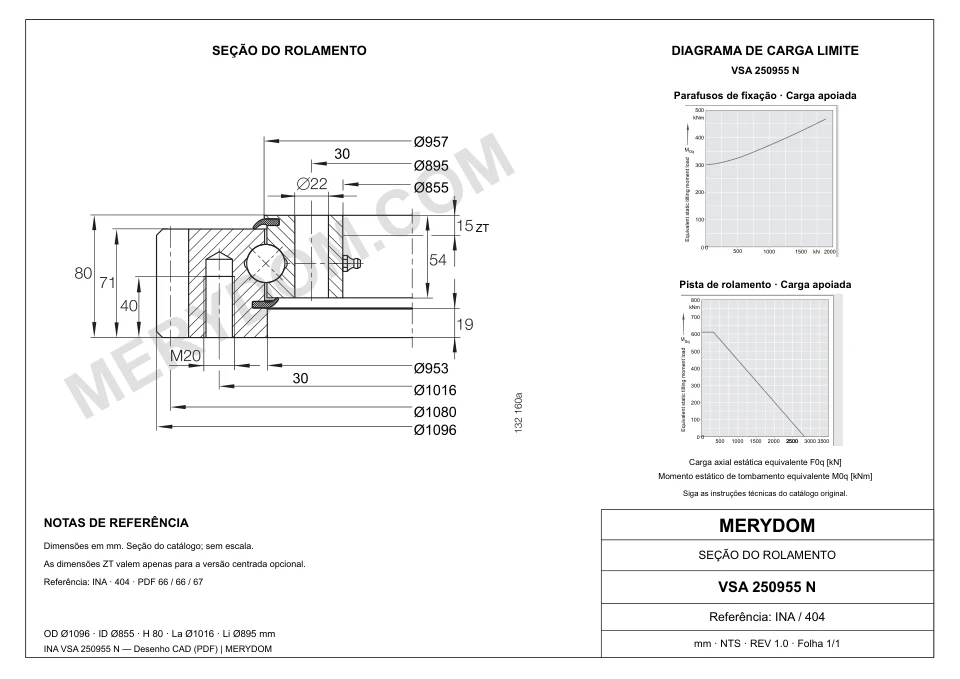 Desenho CAD do rolamento de giro de substituição MERYDOM para INA VSA 250955 N, com dimensões e furos de montagem.