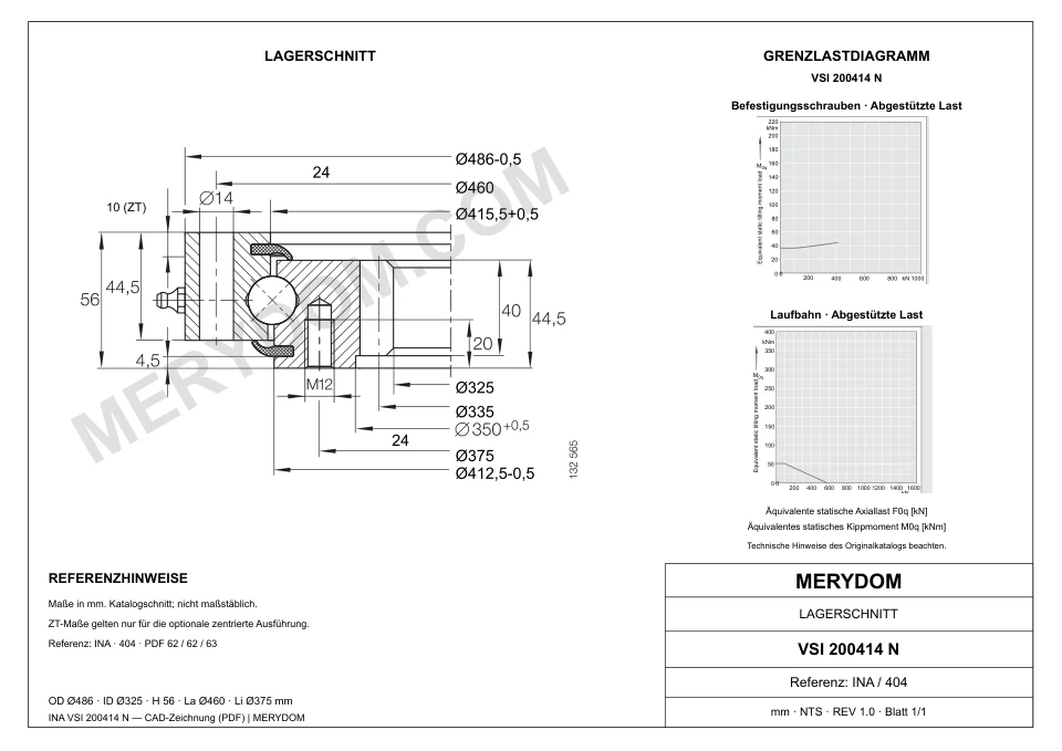 CAD-Zeichnung des MERYDOM-Ersatzdrehkranzes für INA VSI 200414 N mit Abmessungen und Befestigungsbohrungen.