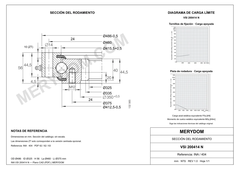 Plano CAD de la corona de giro de sustitución MERYDOM para INA VSI 200414 N, con dimensiones y orificios de montaje.