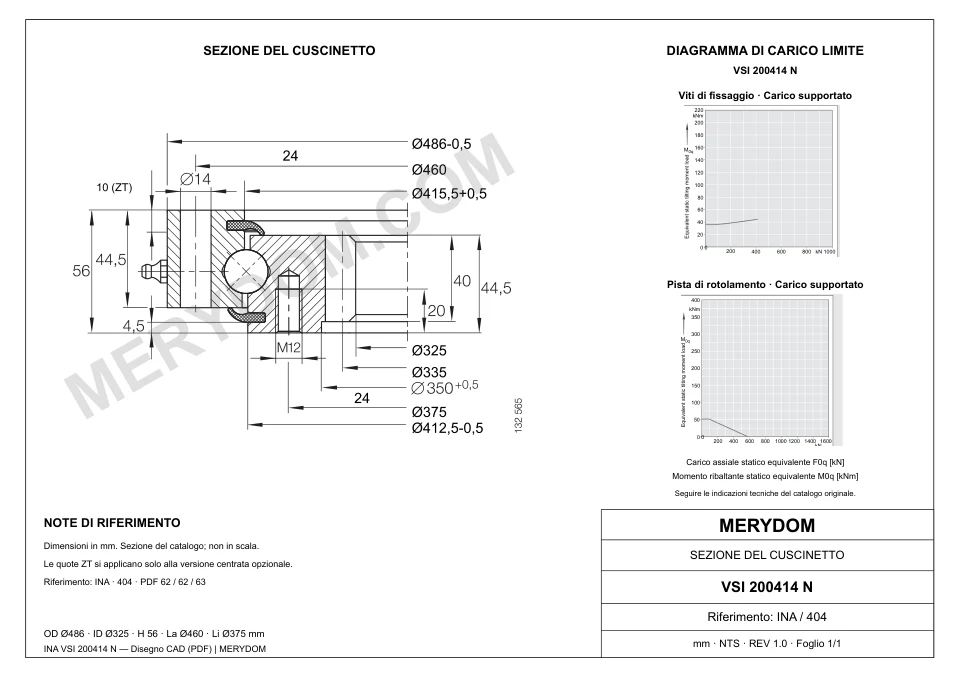 Disegno CAD del cuscinetto di rotazione sostitutivo MERYDOM per INA VSI 200414 N, con dimensioni e fori di montaggio.