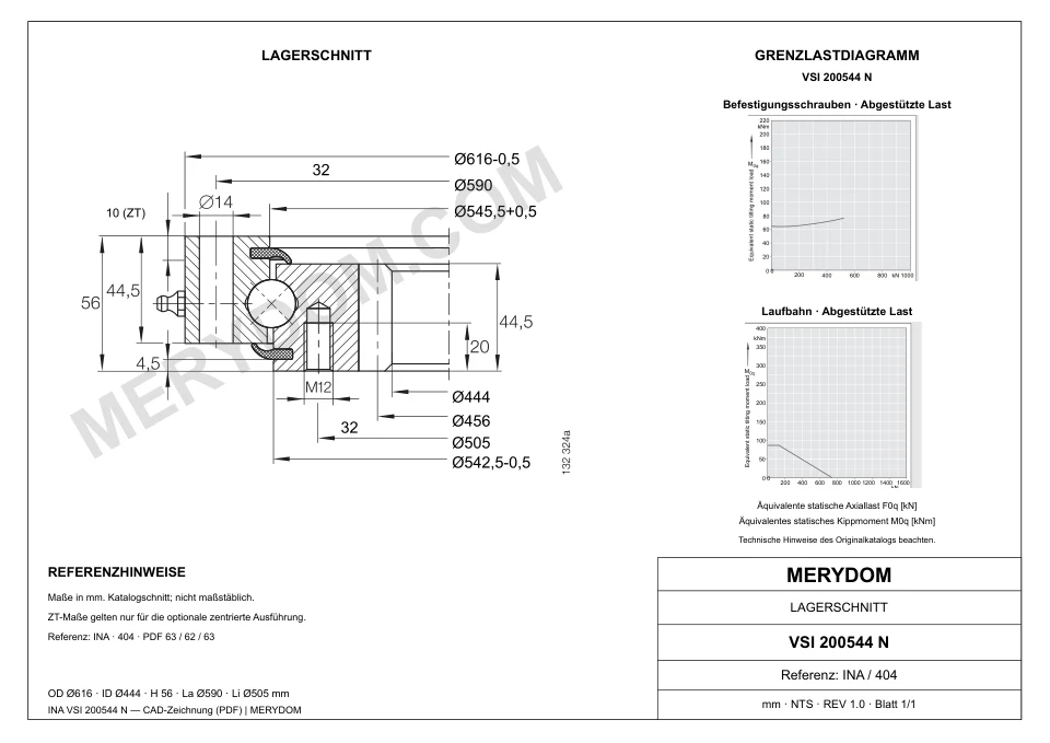 CAD-Zeichnung des MERYDOM-Ersatzdrehkranzes für INA VSI 200544 N mit Abmessungen und Befestigungsbohrungen.