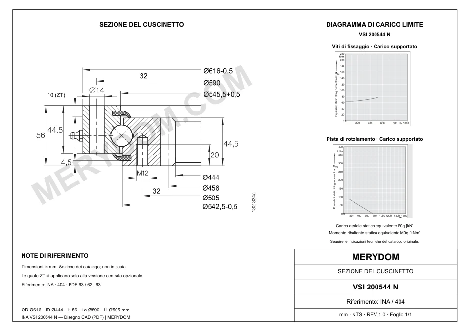 Disegno CAD del cuscinetto di rotazione sostitutivo MERYDOM per INA VSI 200544 N, con dimensioni e fori di montaggio.