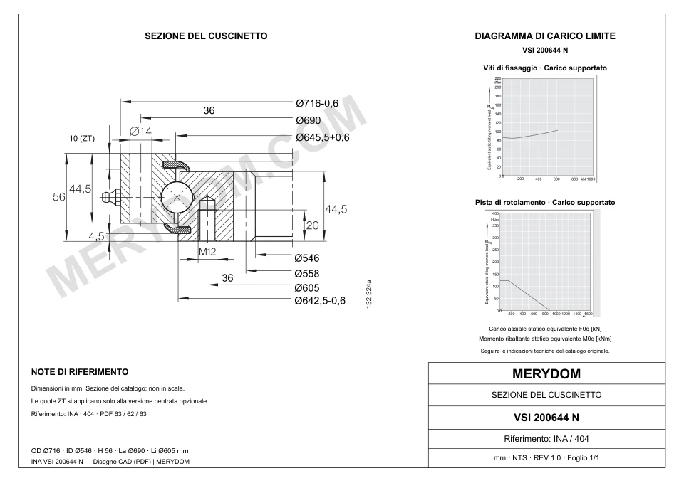 Disegno CAD del cuscinetto di rotazione sostitutivo MERYDOM per INA VSI 200644 N, con dimensioni e fori di montaggio.