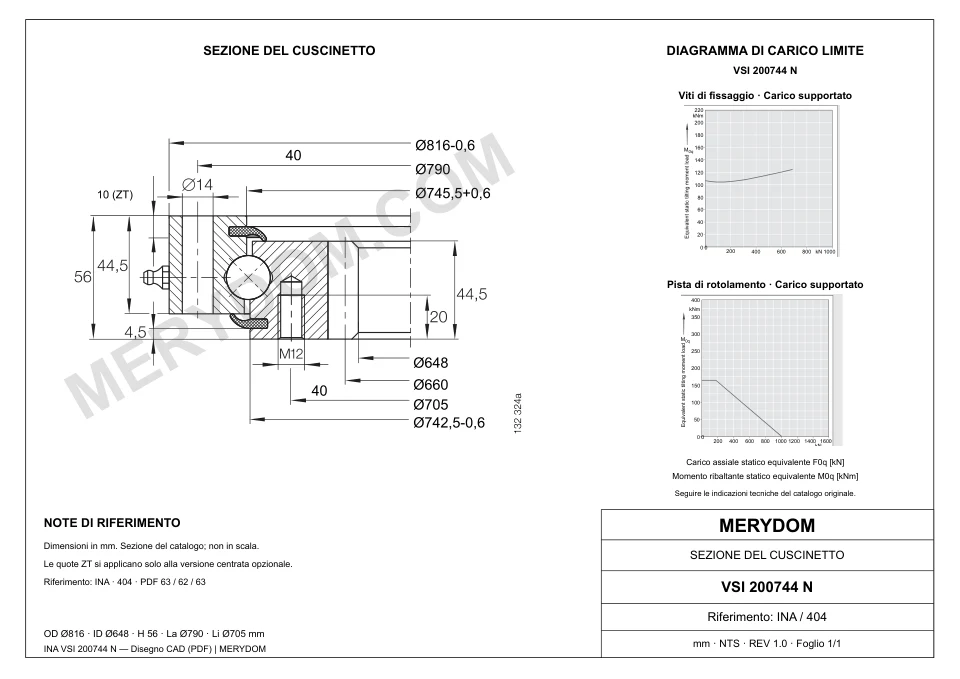 Disegno CAD del cuscinetto di rotazione sostitutivo MERYDOM per INA VSI 200744 N, con dimensioni e fori di montaggio.