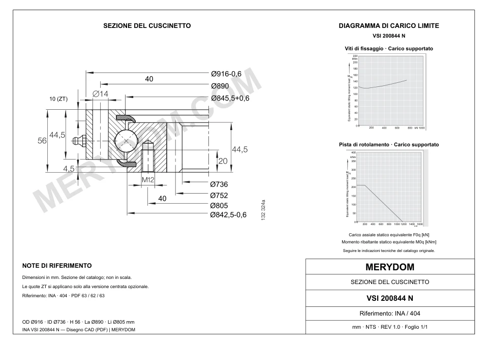 Disegno CAD del cuscinetto di rotazione sostitutivo MERYDOM per INA VSI 200844 N, con dimensioni e fori di montaggio.