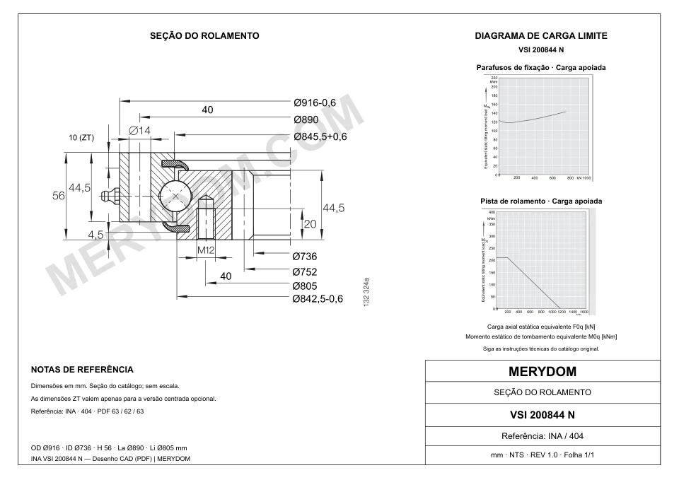 Desenho CAD do rolamento de giro de substituição MERYDOM para INA VSI 200844 N, com dimensões e furos de montagem.