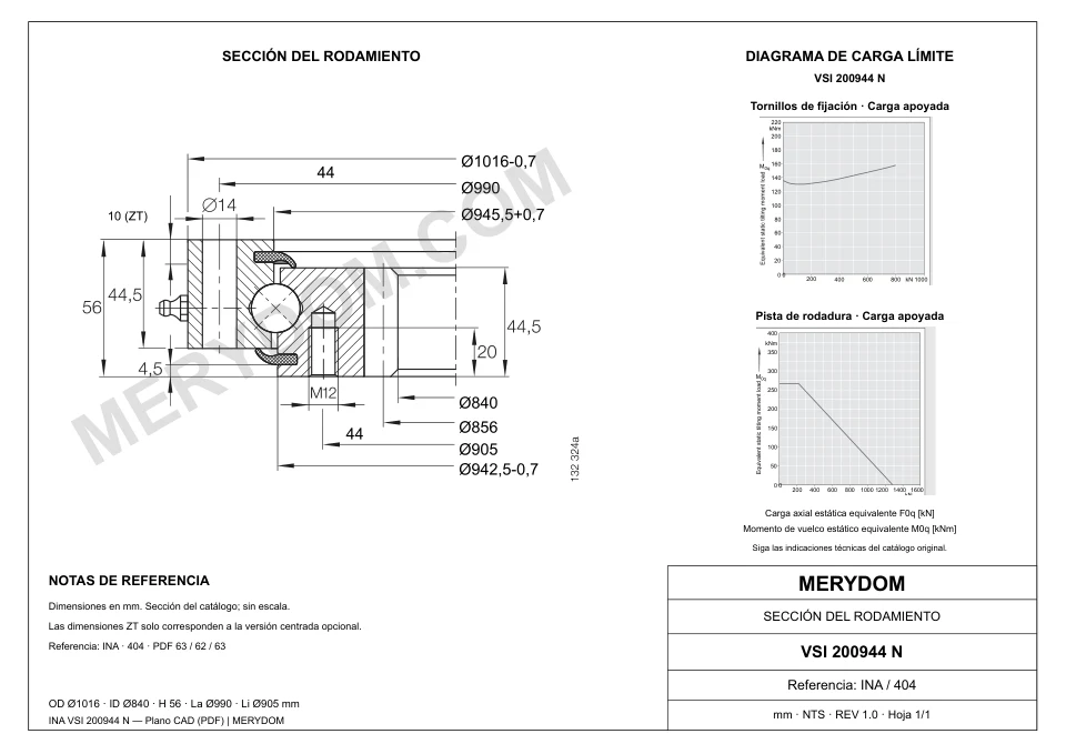 Plano CAD de la corona de giro de sustitución MERYDOM para INA VSI 200944 N, con dimensiones y orificios de montaje.