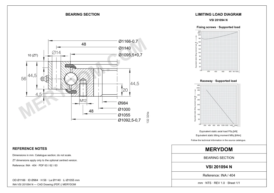 CAD drawing of the MERYDOM replacement slewing bearing for INA VSI 201094 N, showing dimensions and mounting holes.