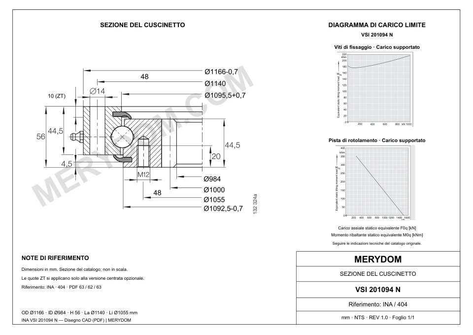 Disegno CAD del cuscinetto di rotazione sostitutivo MERYDOM per INA VSI 201094 N, con dimensioni e fori di montaggio.