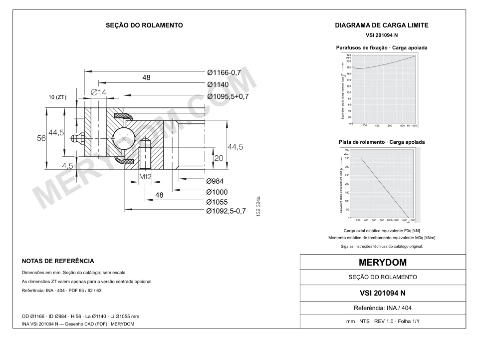 Desenho CAD do rolamento de giro de substituição MERYDOM para INA VSI 201094 N, com dimensões e furos de montagem.