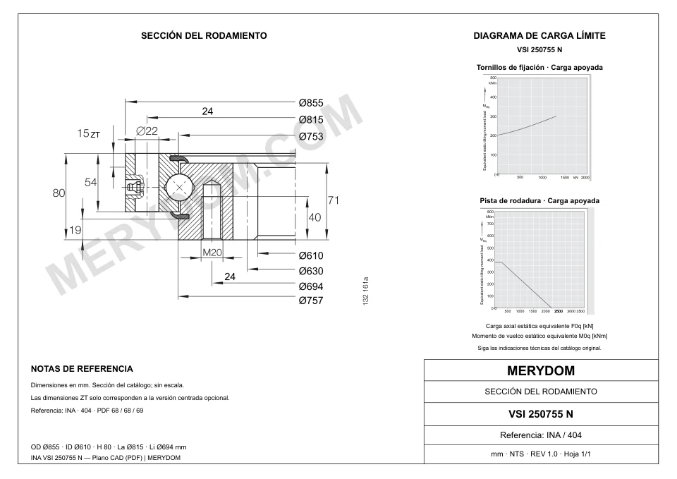 Plano CAD de la corona de giro de sustitución MERYDOM para INA VSI 250755 N, con dimensiones y orificios de montaje.
