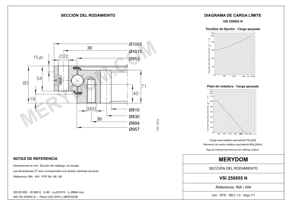 Plano CAD de la corona de giro de sustitución MERYDOM para INA VSI 250955 N, con dimensiones y orificios de montaje.