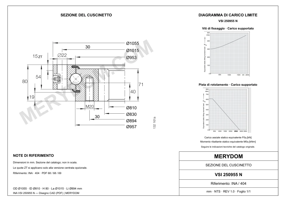 Disegno CAD del cuscinetto di rotazione sostitutivo MERYDOM per INA VSI 250955 N, con dimensioni e fori di montaggio.