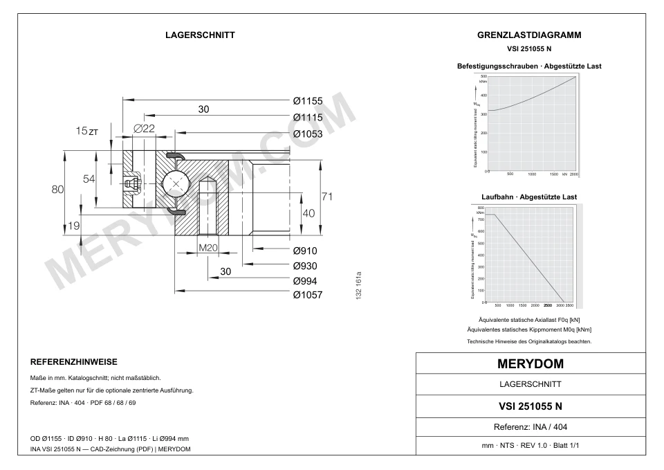 CAD-Zeichnung des MERYDOM-Ersatzdrehkranzes für INA VSI 251055 N mit Abmessungen und Befestigungsbohrungen.